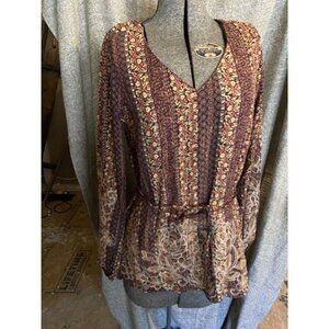 Savanna Jane Sz Sm Brown Floral Appliqué Boho Peasant Top Shirt Puff Sleeve Belt